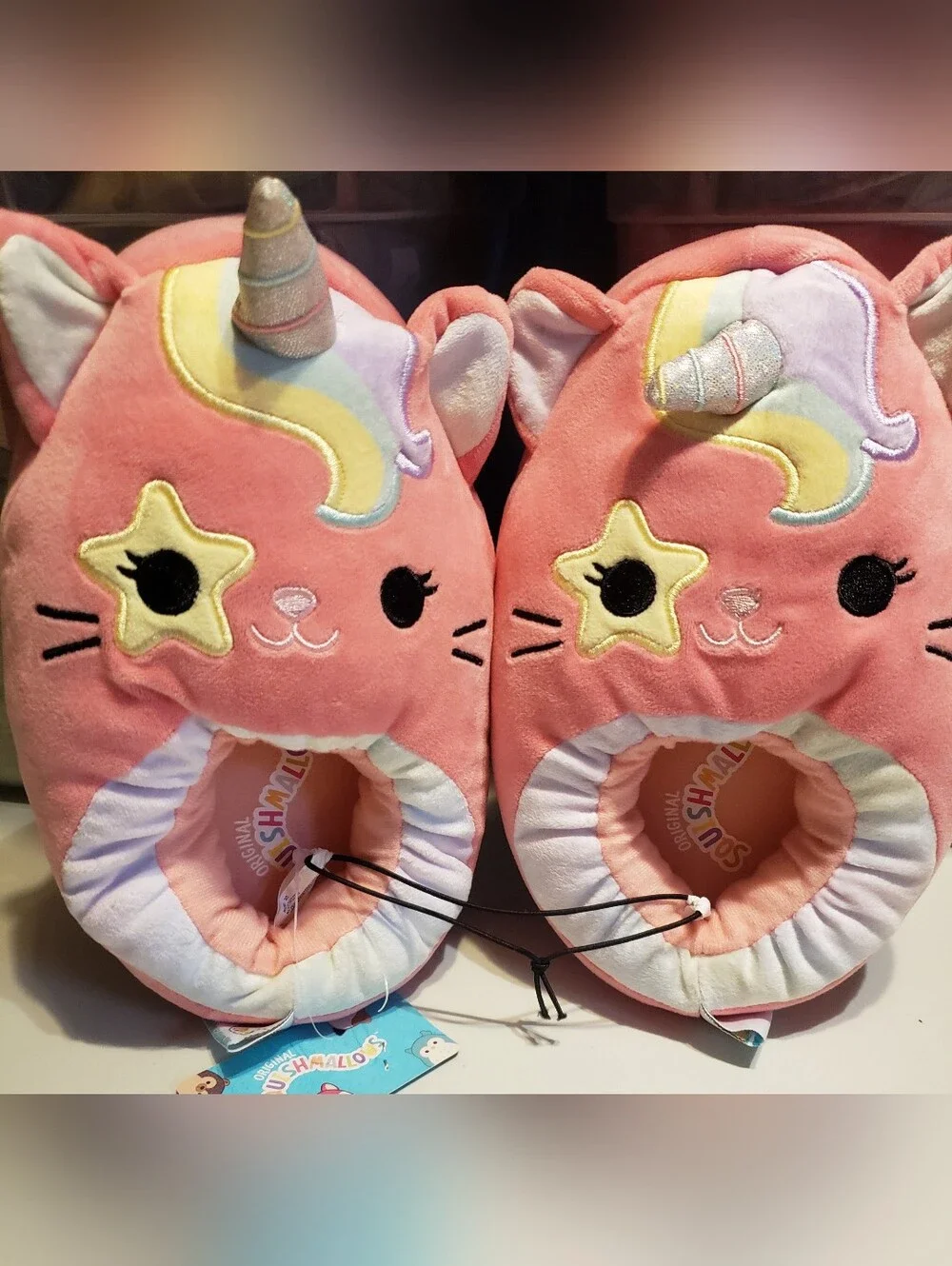 Squishmallows Kids Pink Unicorn Cat Slippers with Pastel Accents